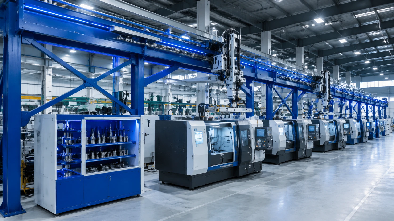 Multi-machine tending line with truss robots